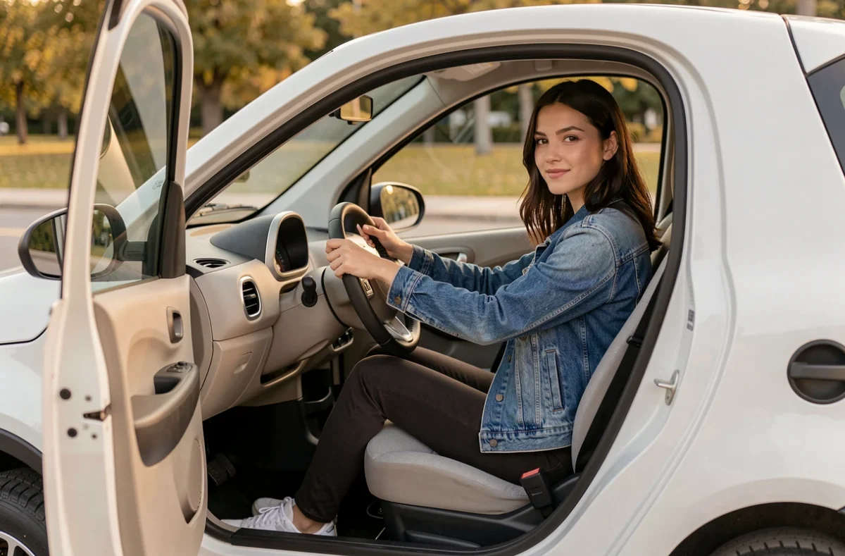Jeune femme au volant d'une Aixam électrique, intérieur de voiture sans permis moderne et minimaliste