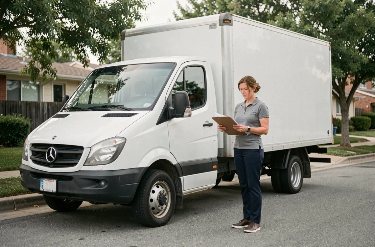 Femme conductrice à côté d'un camion de livraison de taille moyenne, illustrant les conditions du permis C1 pour les véhicules intermédiaires