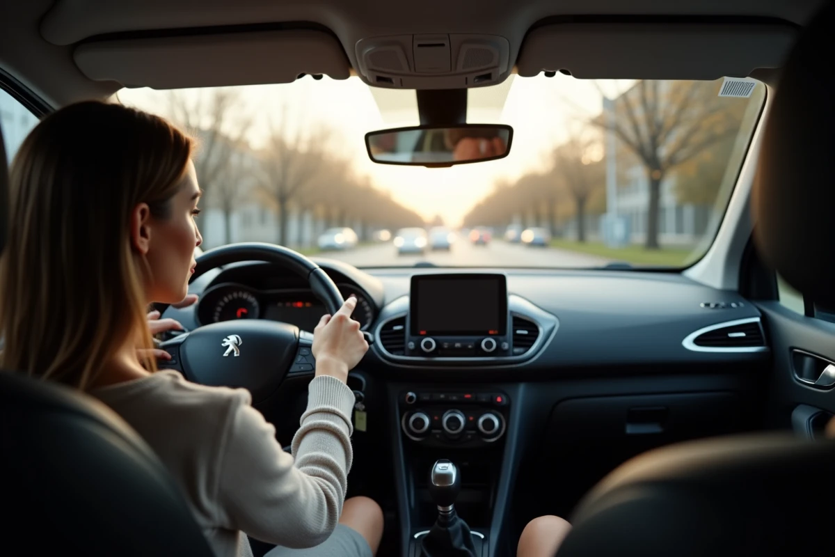 Conductrice indiquant une vibration et un cliquetis sur le montant de pare-brise de sa Peugeot 208 en circulation urbaine