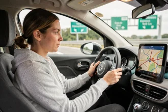 Conductrice consultant l'application Mappy sur son smartphone dans une voiture sur l'autoroute en France