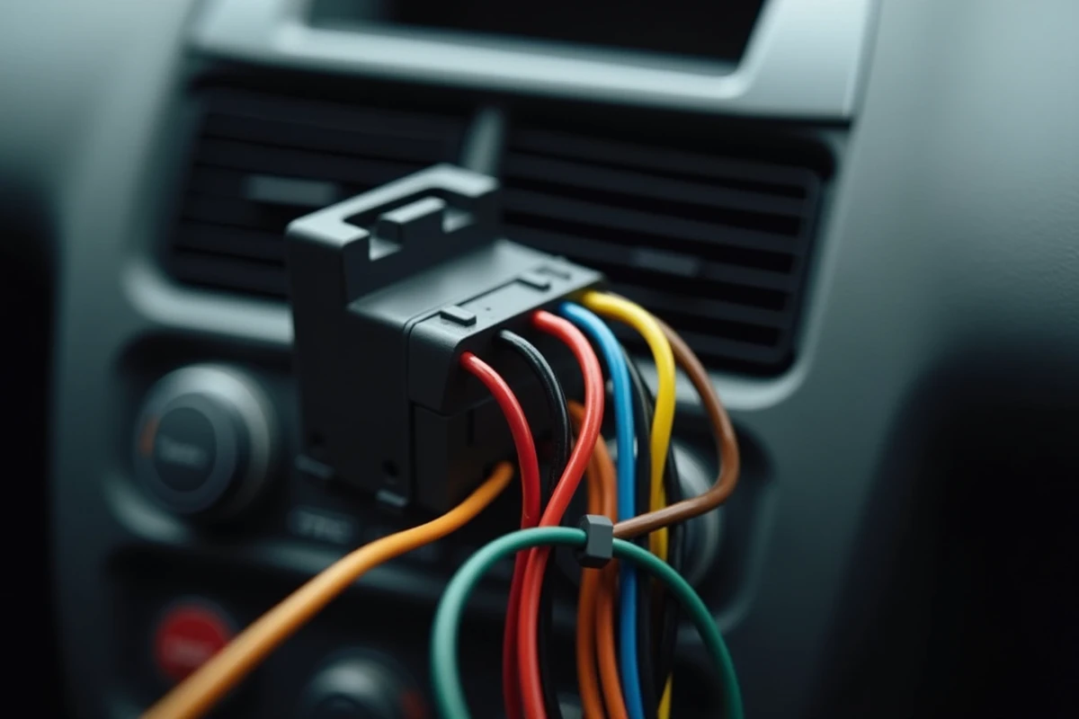 Connecteur ISO avec fils colorés de branchement autoradio dans tableau de bord Peugeot 207