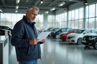Consommateur examinant un contrat automobile dans une concession, illustrant les questions soulevées par UFC-Que Choisir sur Aramis Auto