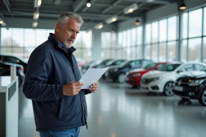 Consommateur examinant un contrat automobile dans une concession, illustrant les questions soulevées par UFC-Que Choisir sur Aramis Auto