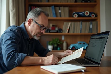 Homme consultant un document d'immatriculation de voiture historique avec un ordinateur portable sur un bureau en bois