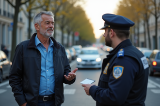 Homme d'âge moyen à la police lors d'un contrôle routier