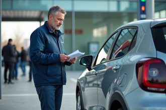 Homme d'âge moyen vérifiant ses papiers devant sa voiture