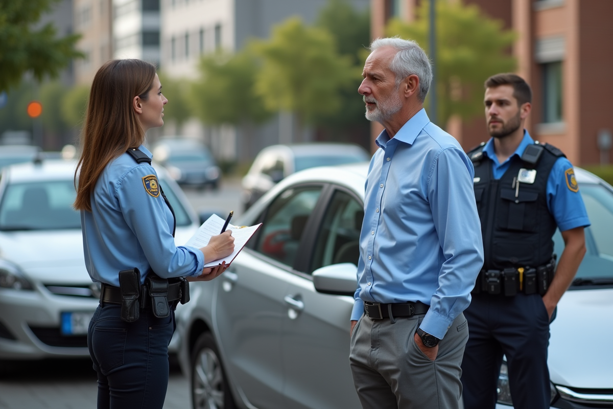 Homme d'affaires parlant à un agent de police près d'une voiture endommagée