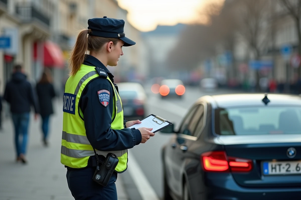 Policiere examine une plaque d immatriculation dans la rue