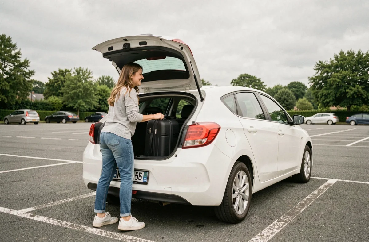 Couple chargeant leurs bagages dans une voiture de location blanche dans un parking de supermarché en France