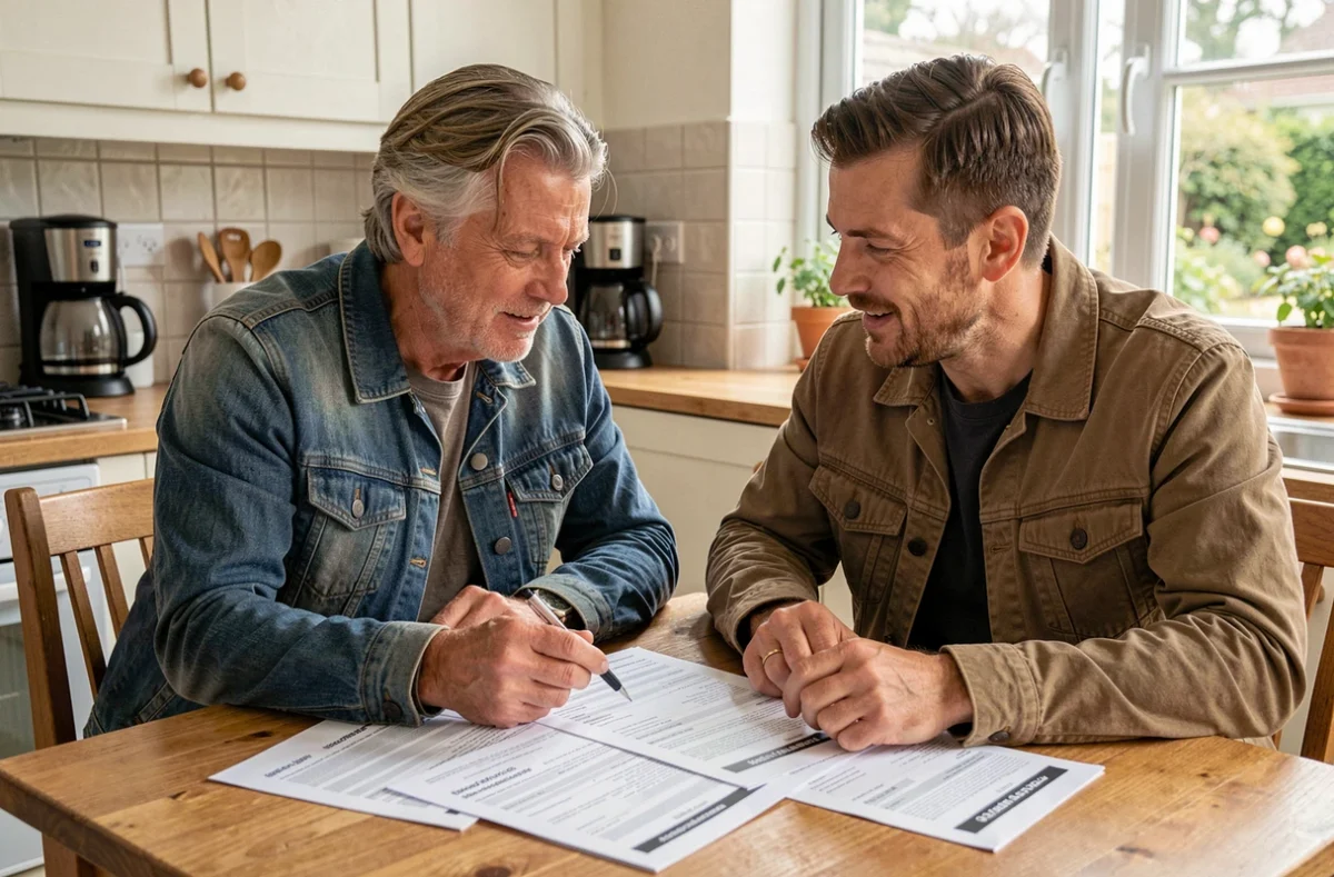 Couple examinant ensemble des documents de devis d'assurance auto sans franchise sur une table de cuisine