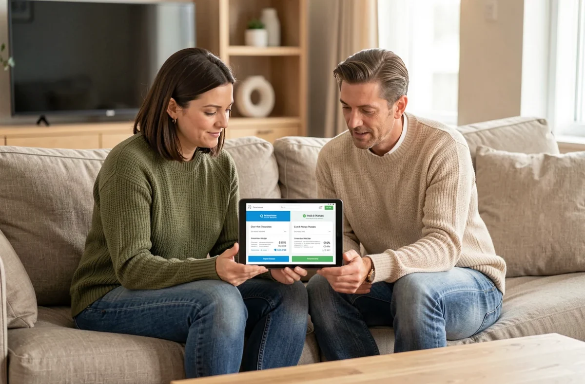 Couple comparant des devis d'assurance auto sur tablette dans leur salon