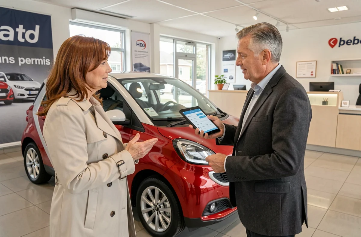 Couple en discussion avec un vendeur dans un concessionnaire spécialisé en voitures sans permis