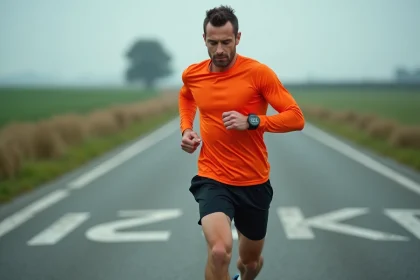 Coureur masculin consultant sa montre GPS affichant la vitesse en km/h lors d'une course sur route avec des marqueurs de miles peints au sol