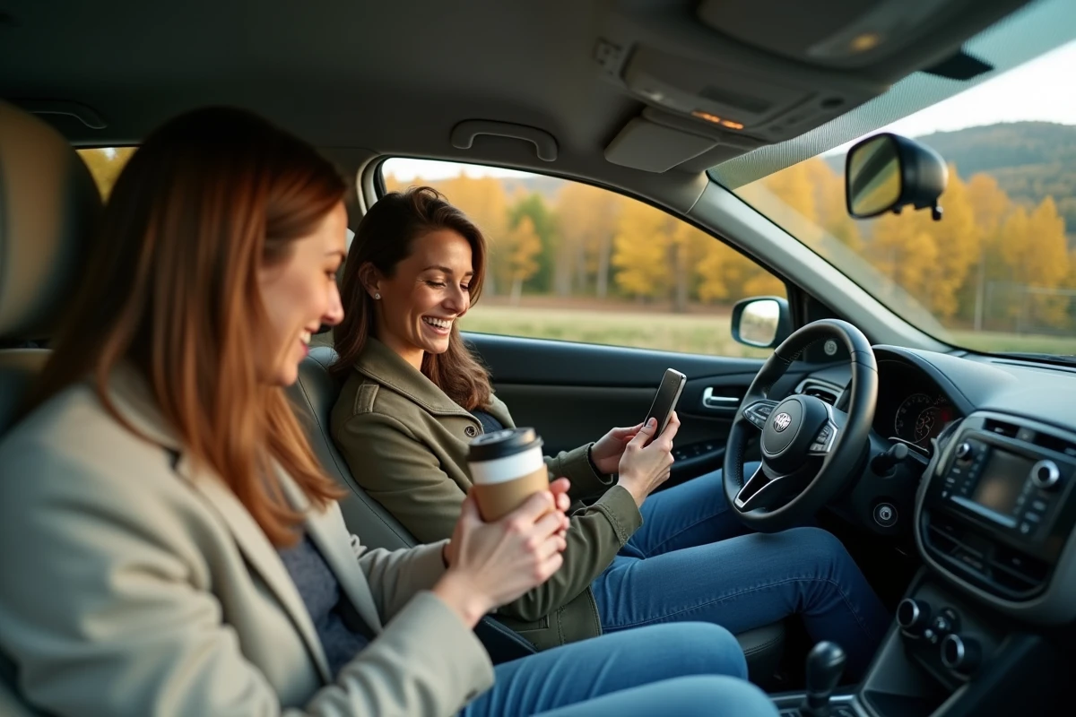 Trois adultes en covoiturage sur la Route de Thonon, partageant un trajet en voiture avec une ambiance conviviale