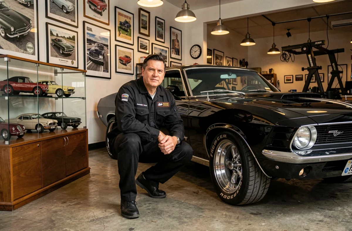 Spécialiste de Cruisin'Cars dans son garage dédié aux véhicules toutes marques avec une voiture américaine classique
