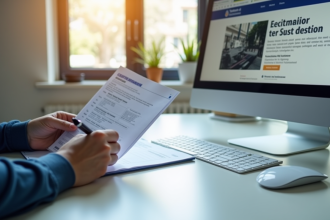 Personne tenant formulaires d'immatriculation française sur un bureau lumineux