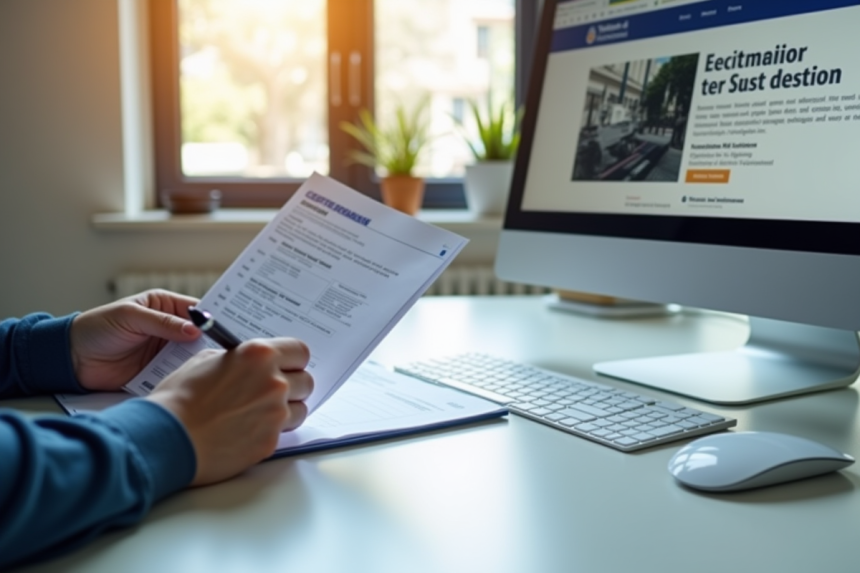 Personne tenant formulaires d'immatriculation française sur un bureau lumineux