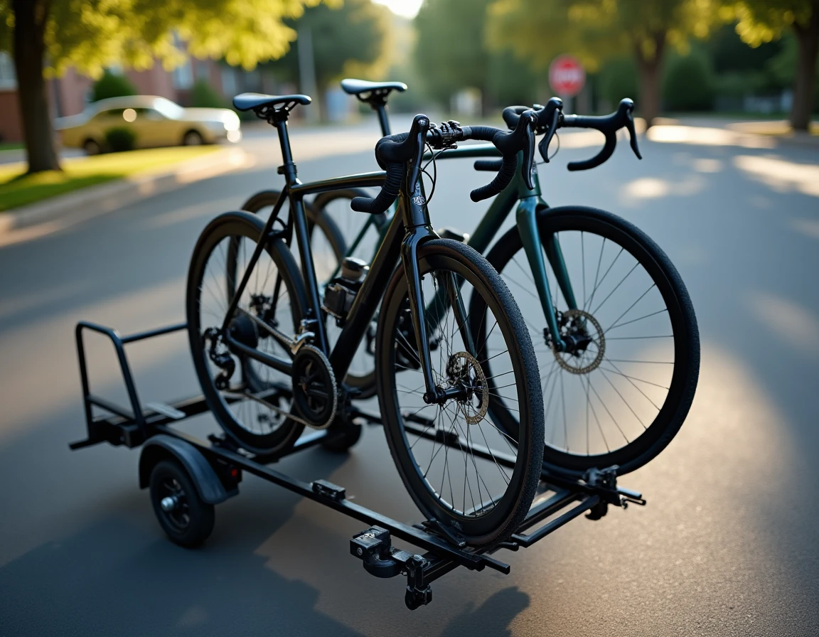 Gros plan sur le plateau de chargement d'un porte vélo attelage 4 vélos avec vélos de route attachés dans un parking