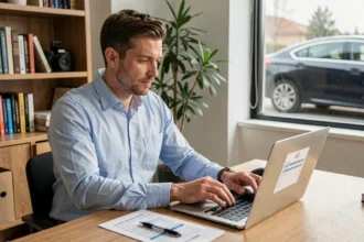 Homme en chemise bleue remplissant un formulaire de devis d'assurance auto en ligne sur un ordinateur portable dans un bureau à domicile