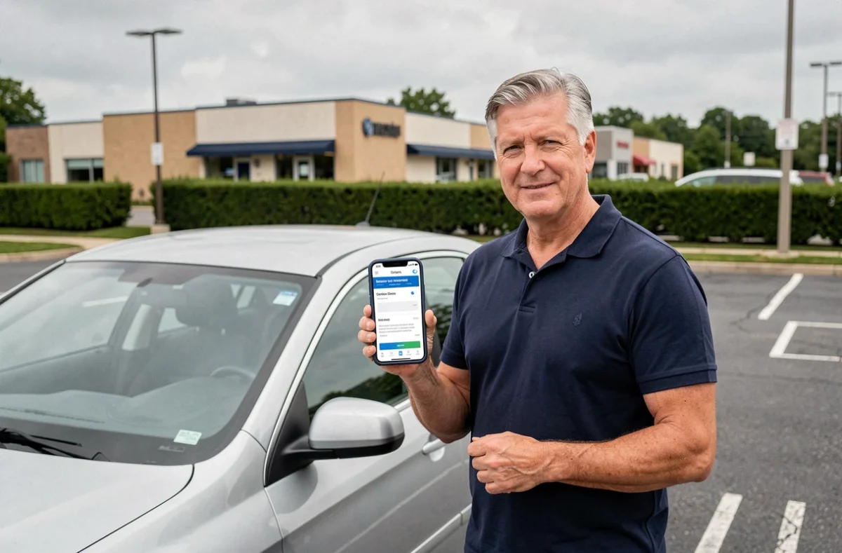 Homme consultant un devis d'assurance auto sur smartphone devant sa voiture dans un parking en France