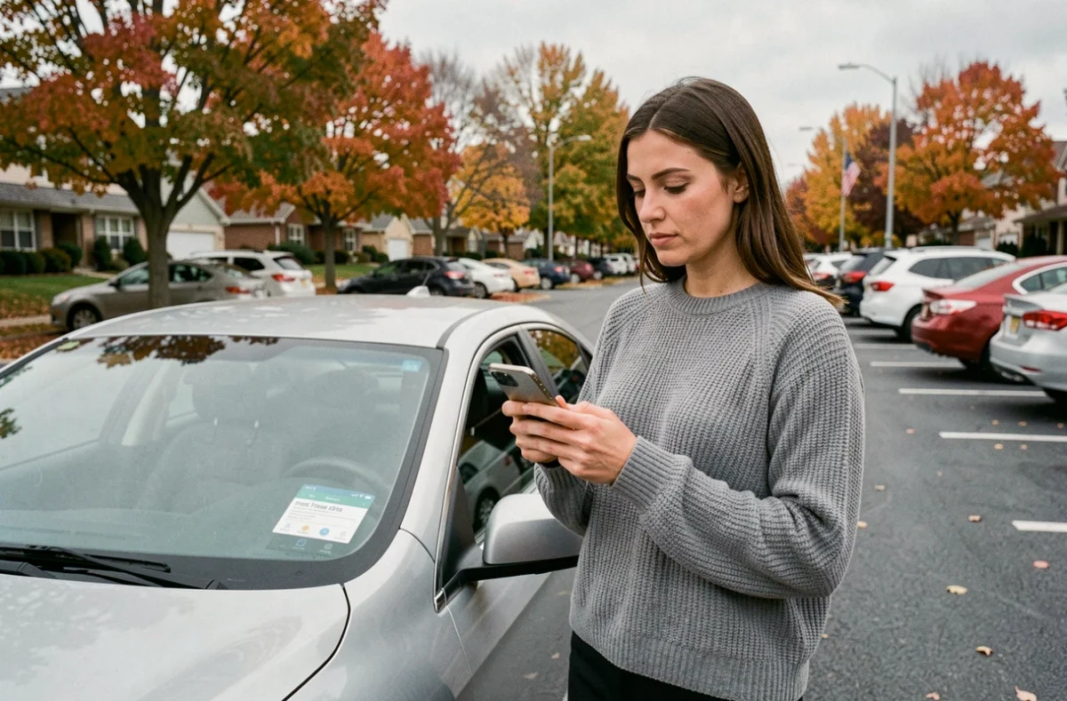 Femme consultant un devis d'assurance auto sur smartphone debout à côté de sa voiture dans un parking résidentiel