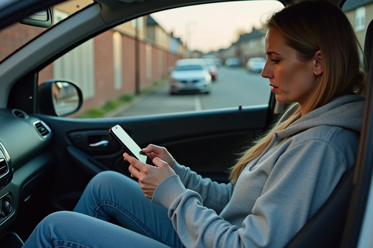 Femme utilisant une application de diagnostic OBD2 sur smartphone connectée à une Renault Clio 2 garée dans une rue résidentielle