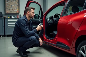 Technicien automobile branchant une valise OBD2 sous le tableau de bord d'une Renault Clio 2 rouge dans un atelier de mécanique