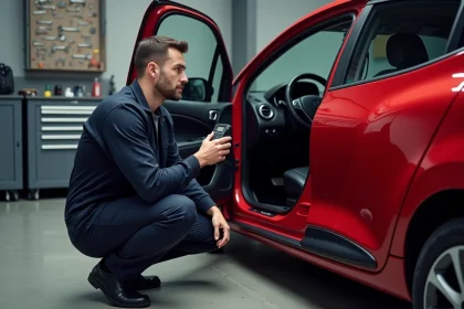 Technicien automobile branchant une valise OBD2 sous le tableau de bord d'une Renault Clio 2 rouge dans un atelier de mécanique