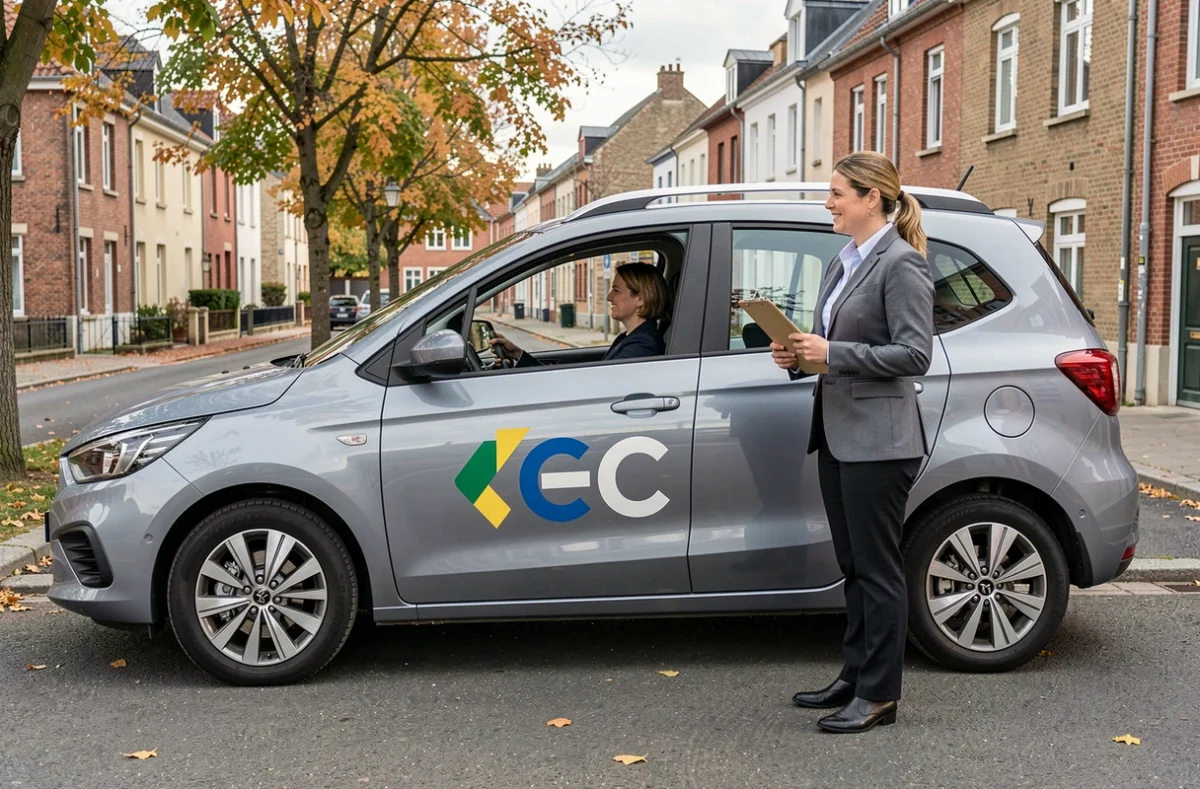 Une monitrice de l'ECF Rennes debout à côté d'une voiture d'auto-école avec un élève à bord
