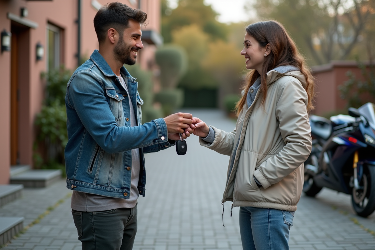 Jeune homme donnant ses clés à une amie en moto