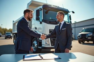 Poignée de main entre un concessionnaire et un client à côté d'un camion benne moderne