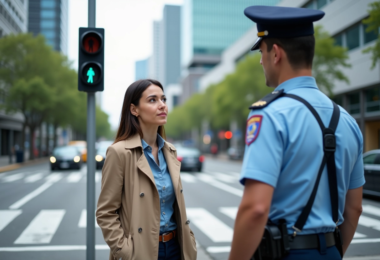Ingénieure en ville discutant avec un policier au feu de circulation