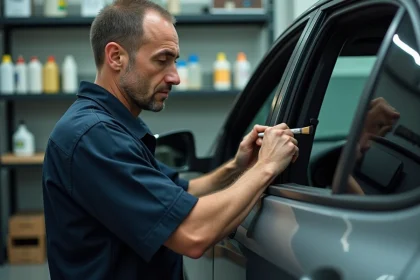 Technicien automobile appliquant un conditionneur de joint sur un cadre de vitre de portière dans un atelier de vitrage professionnel