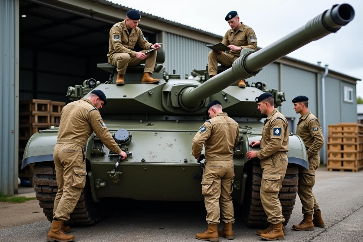 Équipage du Royal Tank Regiment effectuant la maintenance d'un Challenger 2 dans une base opérationnelle avec hangar métallique en arrière-plan