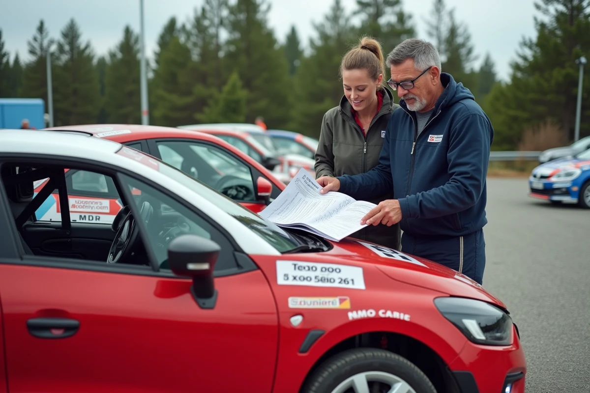 Équipage de rallye amateur étudiant les notes de parcours sur le capot d'une Renault Clio préparée dans un parc d'assistance en graviers