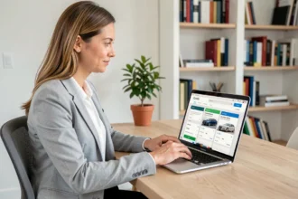 Femme utilisant un estimateur d'assurance auto sur ordinateur portable pour comparer des devis en ligne