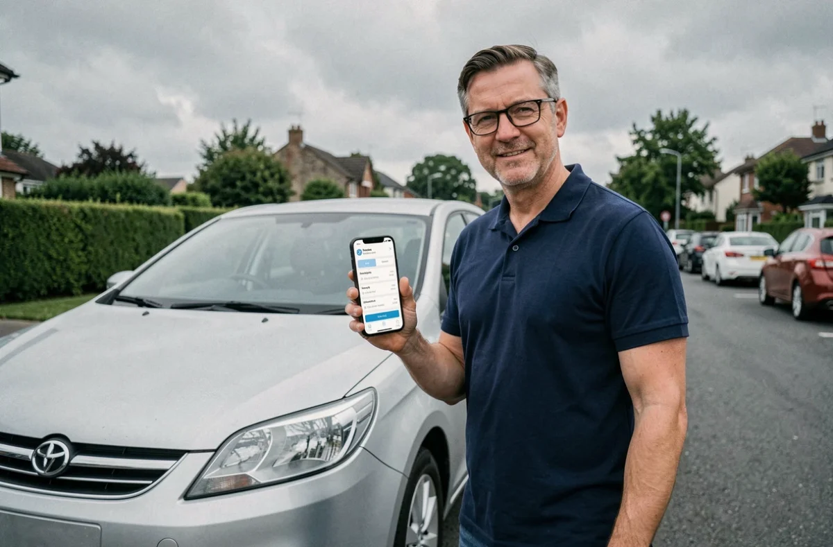 Homme consultant un estimateur d'assurance auto sur smartphone à côté de sa voiture