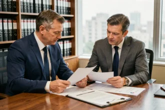 Un homme en costume discute d'un sinistre auto contesté avec un expert en assurance dans un bureau professionnel