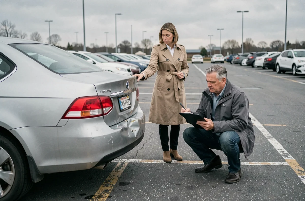 Une femme et un expert en assurance inspectent ensemble les dégâts d'un véhicule endommagé dans un parking