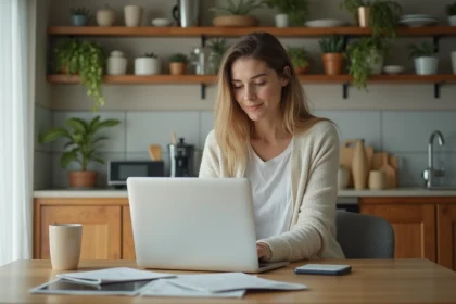 Femme concentrée recherchant voiture en cuisine lumineuse