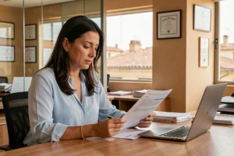 Femme consultant des documents d'assurance auto dans une agence à Toulouse