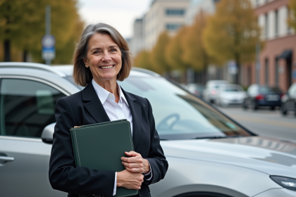 Femme d affaires souriante à côté de sa voiture en ville