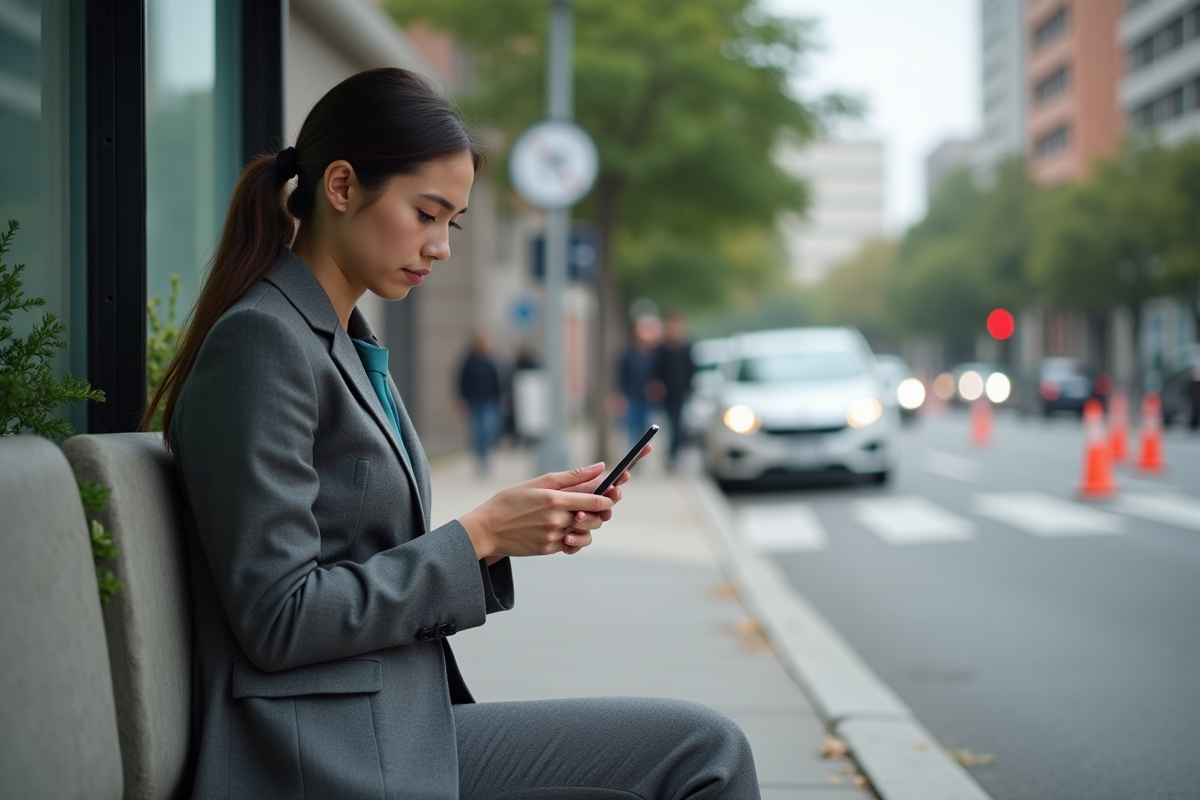 Jeune femme anxieuse à un arrêt de bus en ville après un accident