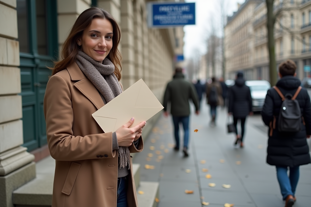 Jeune femme souriante devant la préfecture avec ses papiers