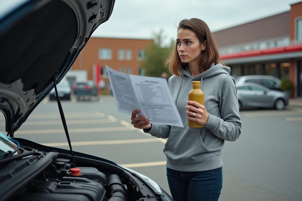 Femme hésitante tenant une bouteille d'huile et une fiche technique devant le moteur ouvert de sa Peugeot 208