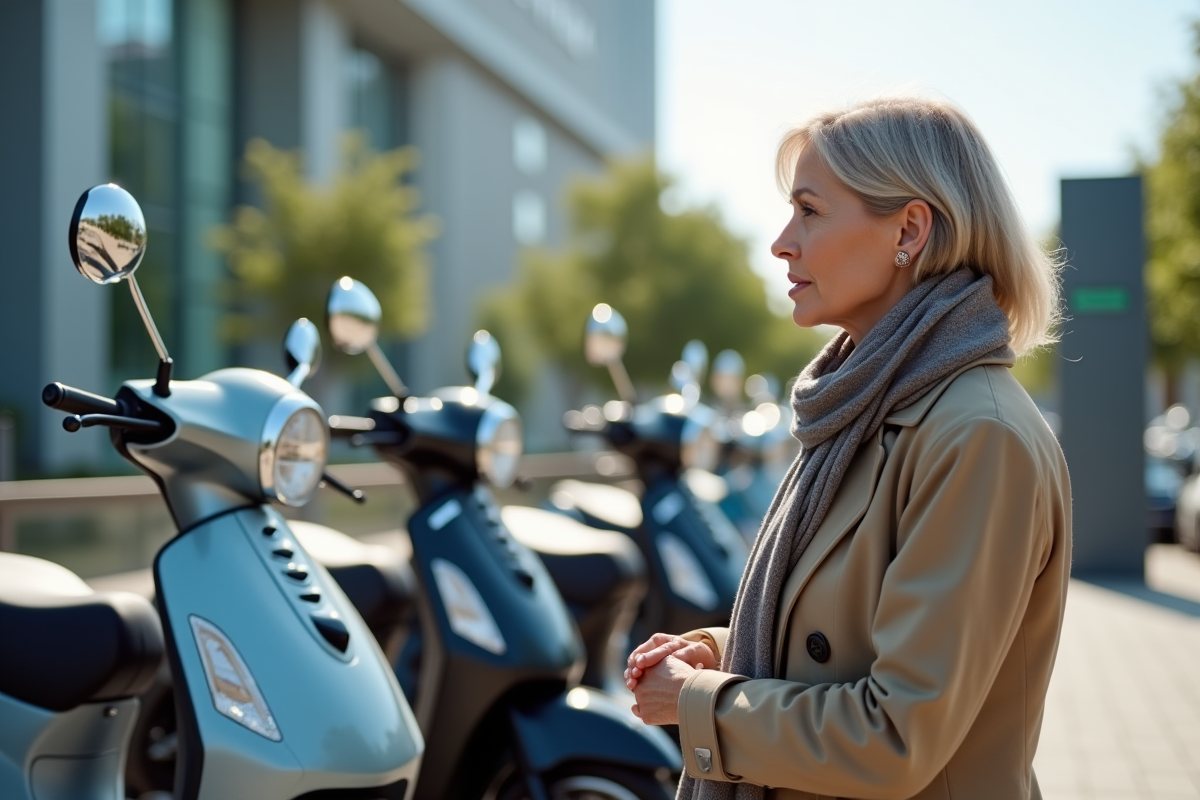 Femme examinant des scooters dans un showroom