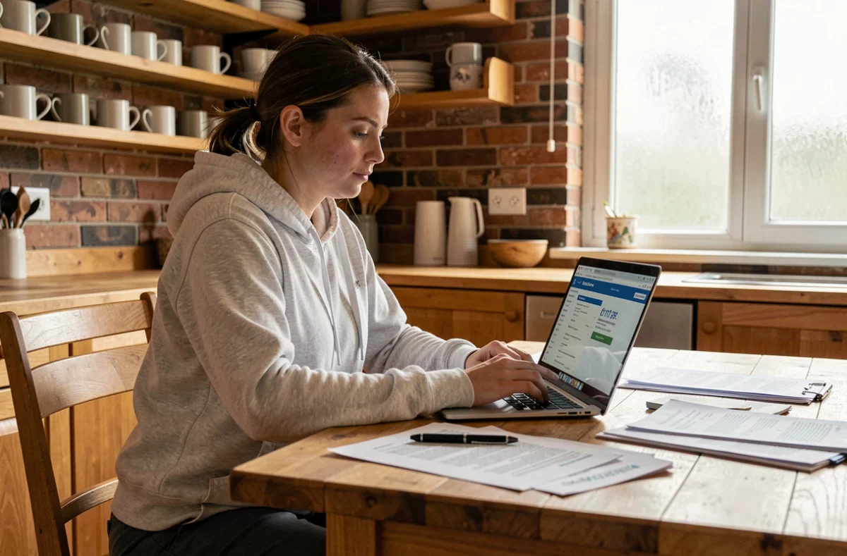 Femme comparant des offres d'assurance moto sur un ordinateur portable à une table de cuisine avec des documents imprimés