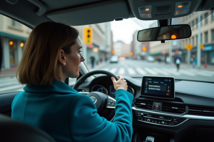 Femme en manteau bleu dans une voiture en ville