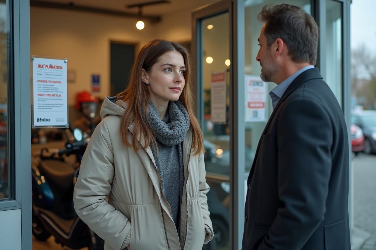 Femme parlant avec vendeur de scooters en showroom