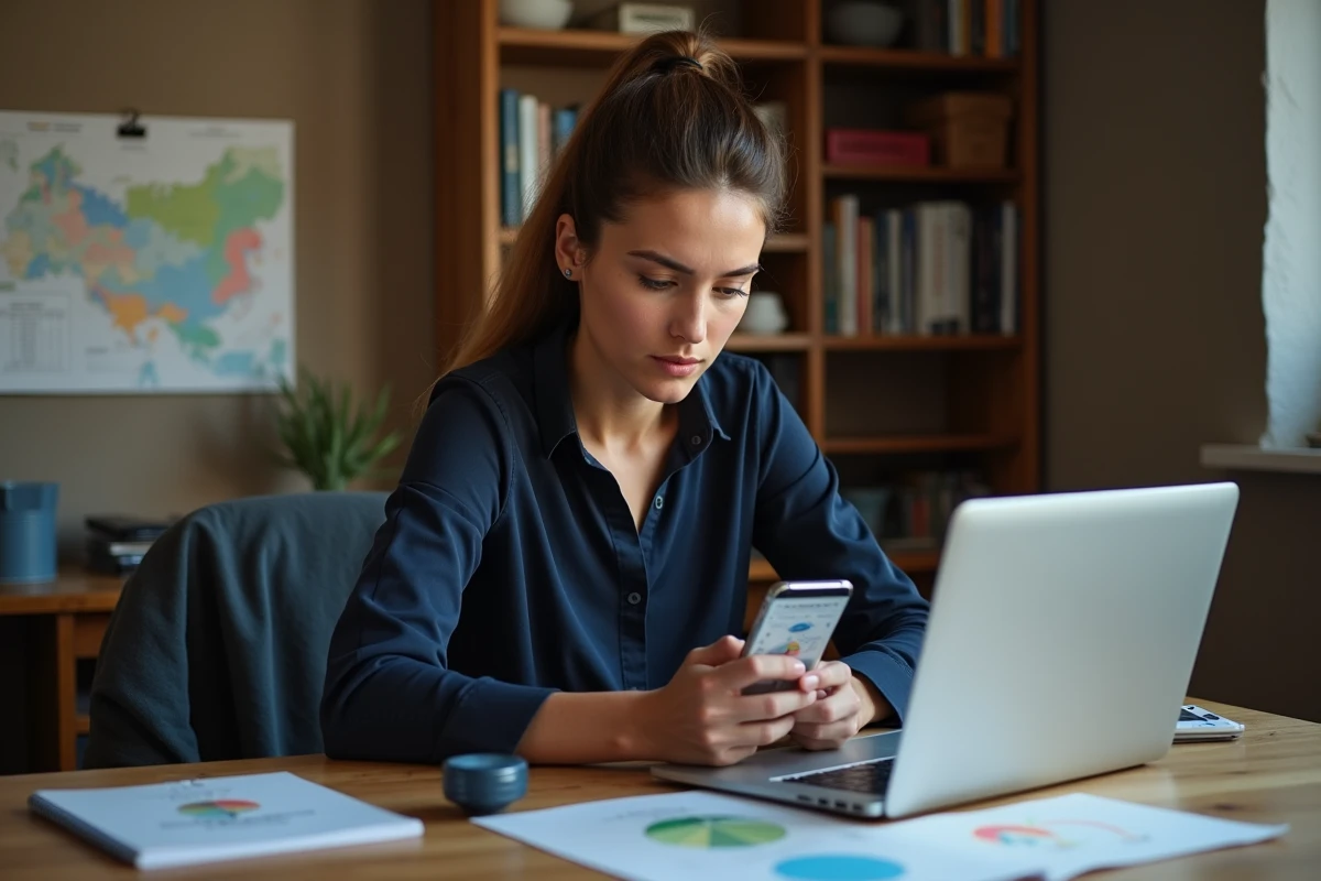 Femme consultant une application de détection GPS sur smartphone avec un détecteur RF posé sur son bureau à domicile